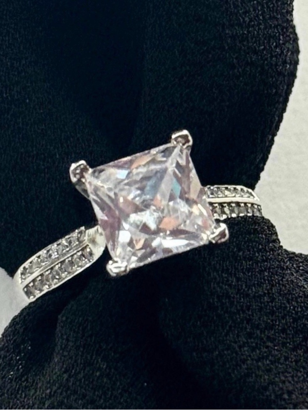 Princess Cut Moissanite Style Halo Ring PT950 Stamped Adjustable Band